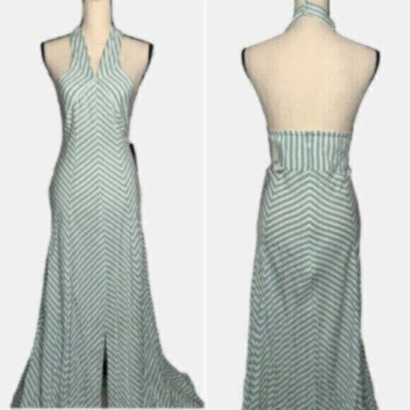 NWT New York & Company Sea Green & White Striped Halter Long Maxi Dress - Picture 14 of 14